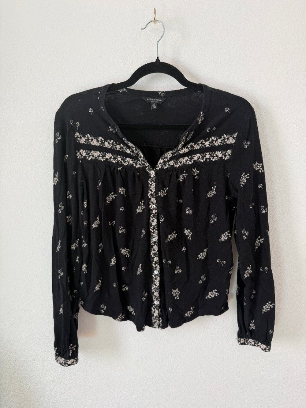 Lucky Brand Black Peasant Top, Floral Embroidered 100% Cotton Blouse, Size S